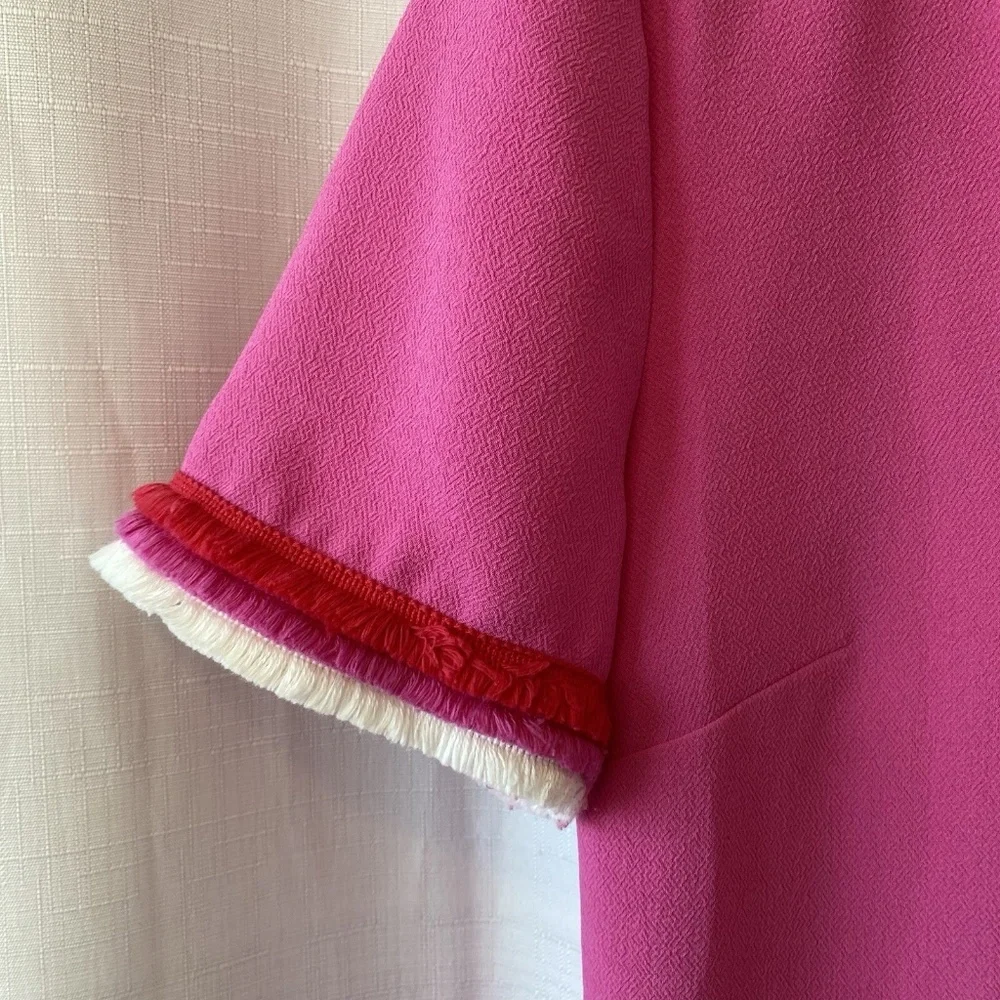 Trina Turk Pink Short Sleeve V-Neck Shift Dress Orange And White Fringe Sz 8 - Picture 4 of 14